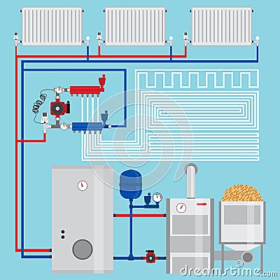 Energy-saving heating system. Pellet boiler. Vector Illustration