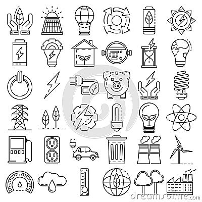 Energy saving icon set, outline style Vector Illustration