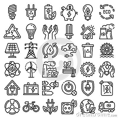 Energy saving icon set, outline style Vector Illustration