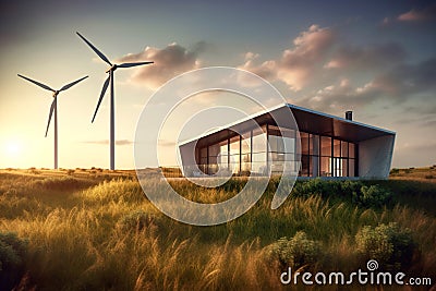 Energy saving technology, scenic view of green house and wind turbines Stock Photo