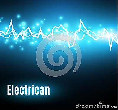 Energy shock effect with many glowing particles. Electric discharge on blue background. Vector Illustration