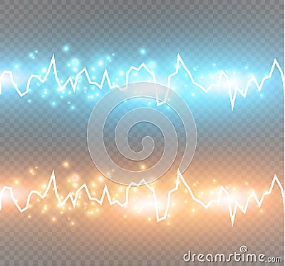 Energy shock effect with many glowing particles. Electric discharge on transparent background. Vector Illustration