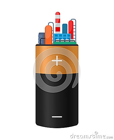 Energy source and consumption vector illustration isolated flat style concept. Alkaline battery generate provides energy Vector Illustration