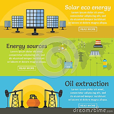 Energy sources banner horizontal set, flat style Vector Illustration