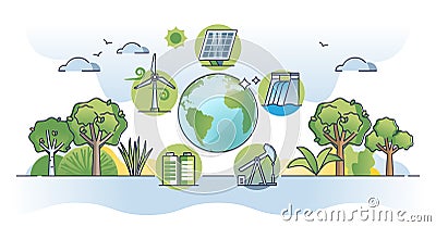 Energy sources collection with oil, solar wind or hydro power outline concept Vector Illustration
