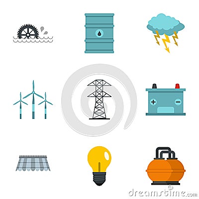 Energy sources icon set, flat style Vector Illustration