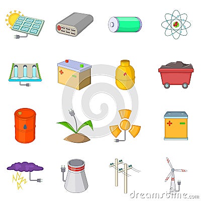 Energy sources items icons set, cartoon style Vector Illustration