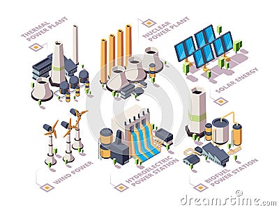 Energy systems. Powerful nature factories electric solar panels turbine windmills vector isometric green energy Vector Illustration