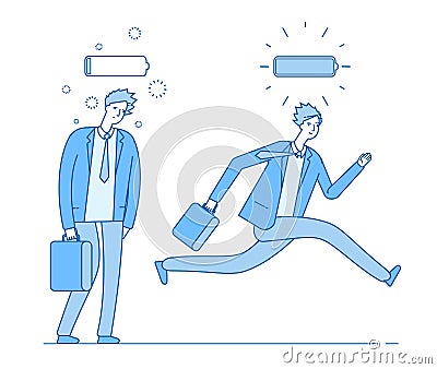 Energy and tired businessman. Powerful running and weak walking person with full charge and uncharged battery. Business Vector Illustration