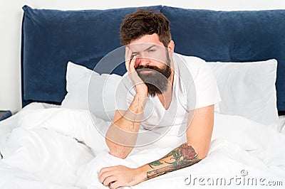 Energy and tiredness. Sleepy and handsome. asleep and awake. Too early to wake up. bearded man hipster sleep in morning Stock Photo