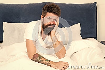 Energy and tiredness. Sleepy and handsome. asleep and awake. Too early to wake up. bearded man hipster sleep in morning Stock Photo