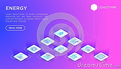 Energy web page template with thin line isometric icons: oil platform, hydropower, wind energy, power socket, radioactivity, Vector Illustration