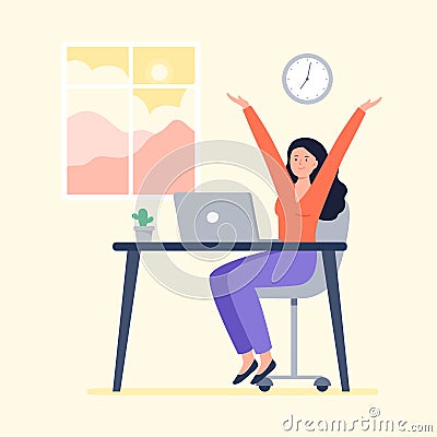 A energy woman starts work at morning. Working at home, telework, freelance. Vector flat illustration. Vector Illustration