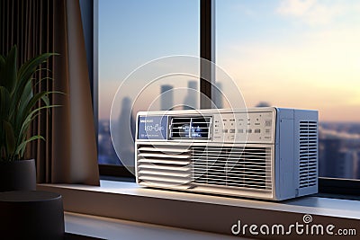 Energyefficient window air conditioners with remot Stock Photo