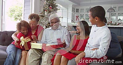Enfants donnant à grands-parents des cadeaux de Noël à la maison - ils secouent des paquets et l'essai pour deviner ce qui est à banque de vidéos Enfants donnant à grands-parents des cadeaux de Noël à la maison - ils secouent des paquets et l'essai pour deviner ce qui est à banque de vidéos