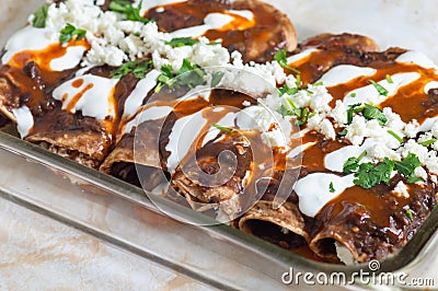 Enfrijoladas, Vegetarian Mexican Cuisine, Typical Antojitos Easy Meals Stock Photo