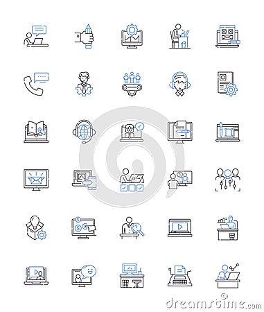 Engaged line icons collection. Committed, Enamored, Attached, Invested, Devoted, Pledged, Obligated vector and linear Vector Illustration