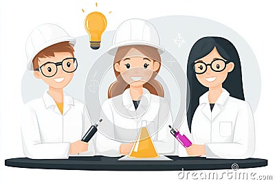 Engaged young scientists exploring stem concepts in collaborative lab experiment Cartoon Illustration