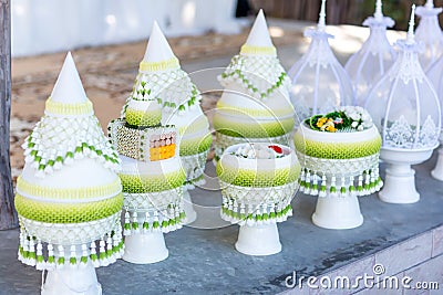 Engagement bowl for Thai engagement ceremony. bride price set, made from banana leaf and garland in thai wedding ceremony for con Stock Photo