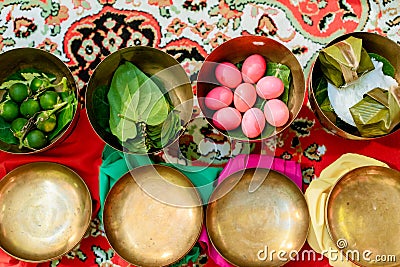 Engagement bowl for Thai engagement ceremony. bride price set, made from banana leaf and garland in thai wedding ceremony Stock Photo