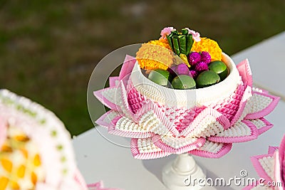 Engagement bowl for Thai engagement ceremony. bride price set, made from banana leaf and garland in thai wedding ceremony Stock Photo