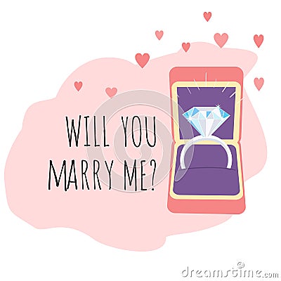 Engagement Card. Box with Diamond Ring. Will You Marry Me? Vector Illustration