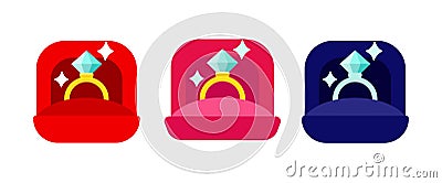 Engagement Diamond Golden Rings in Red, Pink, and Blue Ring Boxes Set Vector Illustration