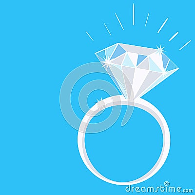 Engagement Diamond Ring with Sparkles on Blue Background. Vector Illustration