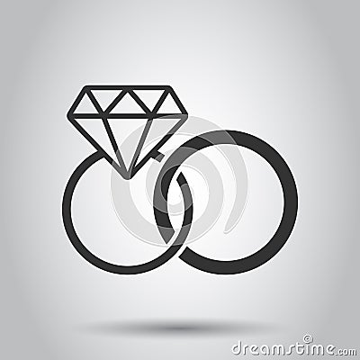 Engagement ring with diamond vector icon in flat style. Wedding jewelery ring illustration on white background. Romance Vector Illustration