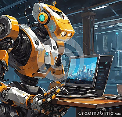An engaging image of a robot AI assistant offering support, depicted with a high-tech laptop interface, generative AI Stock Photo