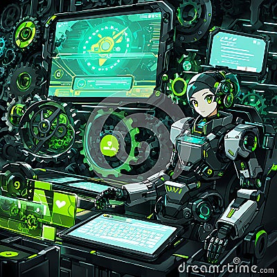 An engaging image of a robot AI assistant offering support, depicted with floating gears high-tech laptop interface, generative AI Stock Photo