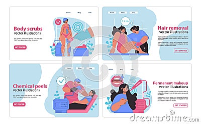 Engaging web banners for beauty services, featuring body scrubs, hair removal, chemical peels. Vector Illustration