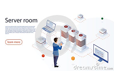 IT engeneer with modern tablet in network server room. Web hosting isometric vector for landing page. Data center with Vector Illustration