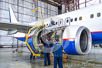 Engine assembly after repairs. Boeing 737, airport Tolmachevo, Russia Novosibirsk 12 April 2014 Editorial Stock Photo