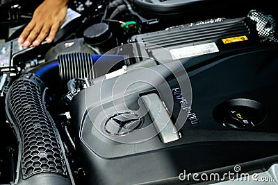 Engine bay of Mercedes Benz E300e showcase at Thailand Motor Expo 2019 Editorial Stock Photo