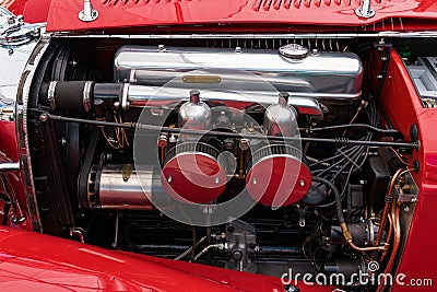 Engine block of a 1938 Jaguar SS 100 old timer sports car in detail Editorial Stock Photo