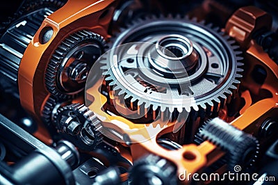 Engine with cogwheels and gears working. Industrial close-up Stock Photo