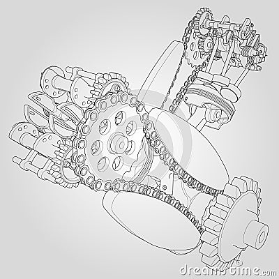 Engine components in disassembled state. Vector illustration of lines. Vector Illustration