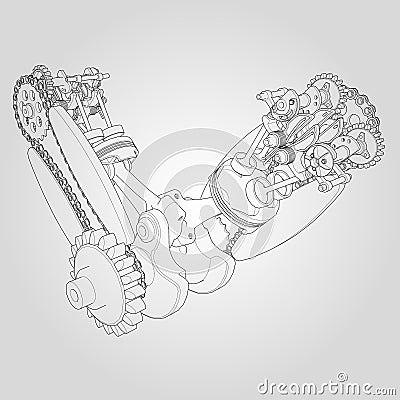 Engine components in disassembled state. Vector illustration of lines. Vector Illustration