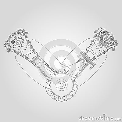 Engine components in disassembled state. Vector illustration of lines. Vector Illustration