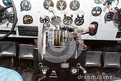 Engine Controls in the cockpit of an old airplane Stock Photo