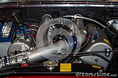 Engine of full-size luxury car Mercedes-Benz 300SEL 6.3, 1970. Editorial Stock Photo