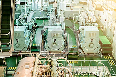 Engine and machine in marine ship. Engine room for drive marine ship. It is diesel engine. Stock Photo