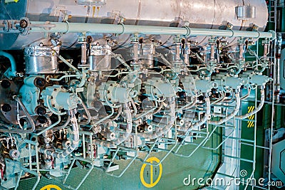 Engine and machine in marine ship. Engine room for drive marine ship. It is diesel engine. Stock Photo