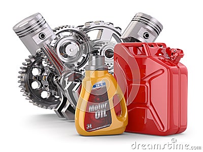 Engine, motor oil canister and jerrycan. Stock Photo