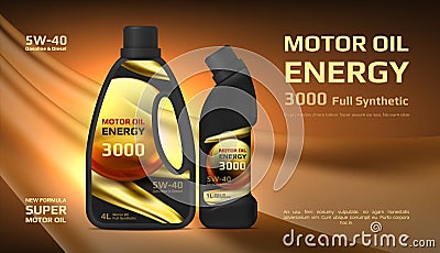 Engine oil. Vector automotive lubricant material advertising with plastic jar and oil drops. Vector auto service poster Vector Illustration