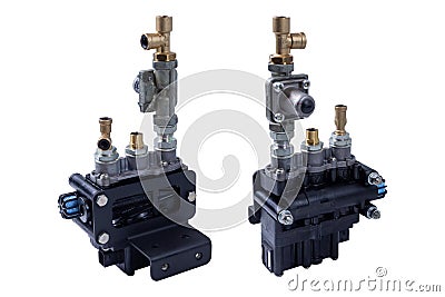 Solenoid valve pneumatic system of the engine of the truck Stock Photo