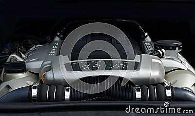 Engine room for the Porsche Cayenne Turbo S 4.8 V8 Editorial Stock Photo