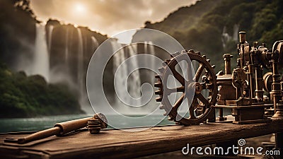 engine Steam punk waterfall of invention, with a landscape of wooden gears and tools, with a Ban Gioc Stock Photo