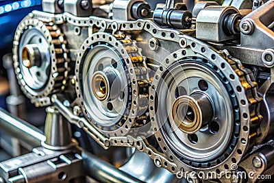 Engine Timing Chain Guides and Tensioner Assembly Installed on Block Detailed View Stock Photo